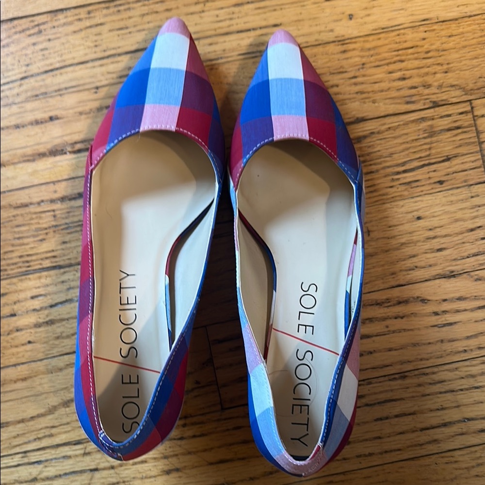 Sole Society Red and Blue Flats Vibrant Plaid Design